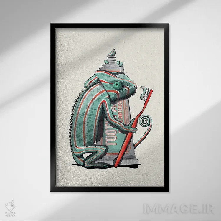 تابلو دکوراتیو آفتاب پرست در حال مسواک زدن اثر وایات دیزاین - نمای قابدار مشکی