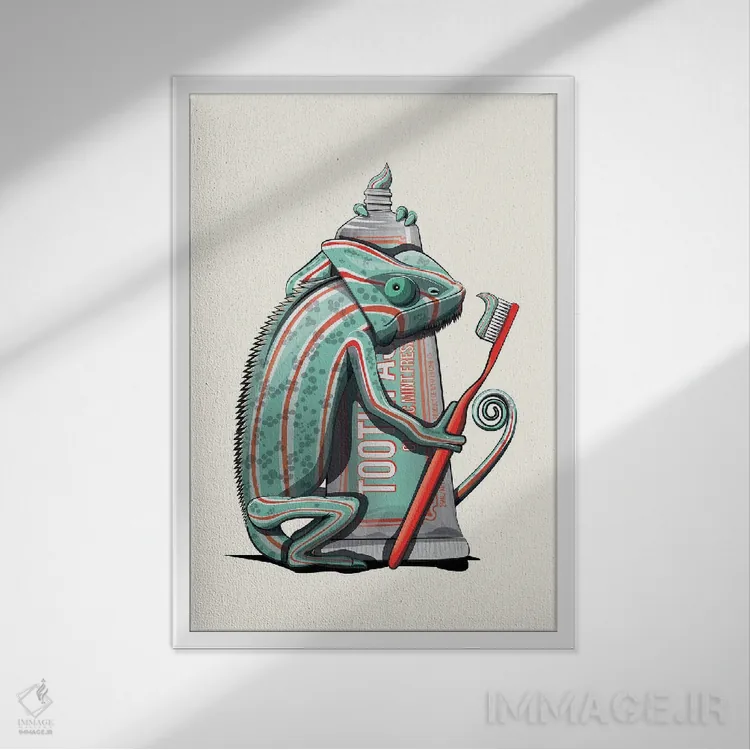 تابلو دکوراتیو آفتاب پرست در حال مسواک زدن اثر وایات دیزاین - نمای قابدار سفید