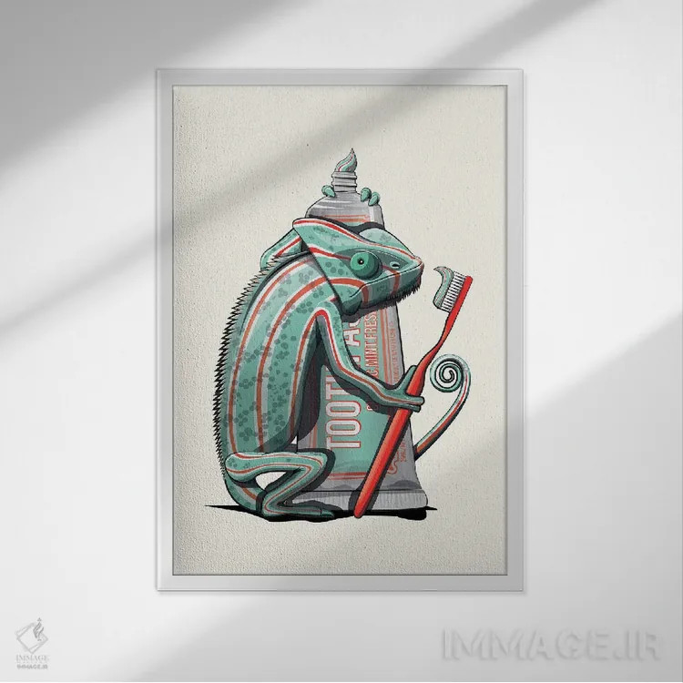 تابلو دکوراتیو آفتاب پرست در حال مسواک زدن اثر وایات دیزاین - نمای قابدار سفید
