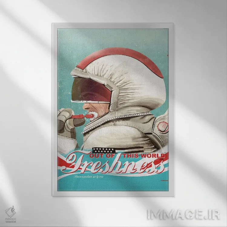 تابلو دکوراتیو فضانورد در حال مسواک زدن اثر وایات دیزاین - نمای قابدار سفید