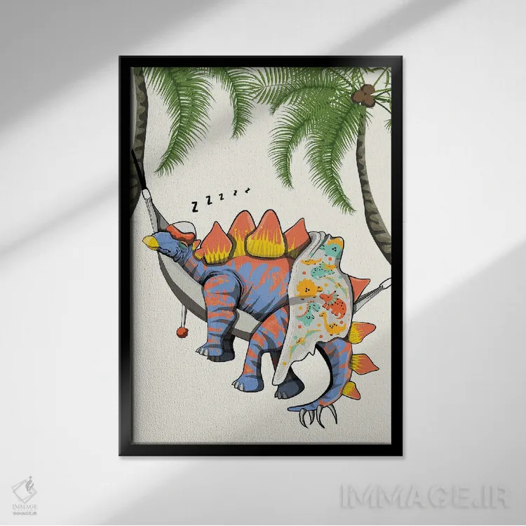تابلو دکوراتیو استگوسوروس در تخت خواب اثر وایات دیزاین - نمای قابدار مشکی