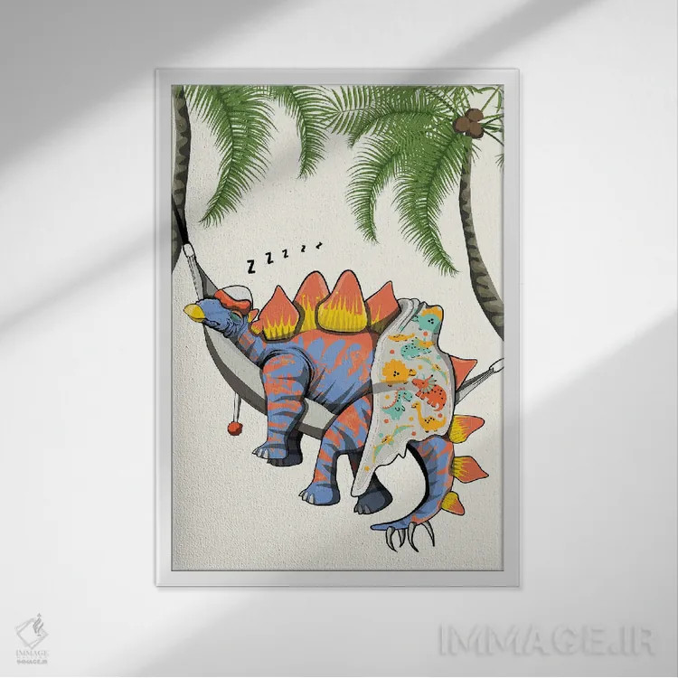 تابلو دکوراتیو استگوسوروس در تخت خواب اثر وایات دیزاین - نمای قابدار سفید
