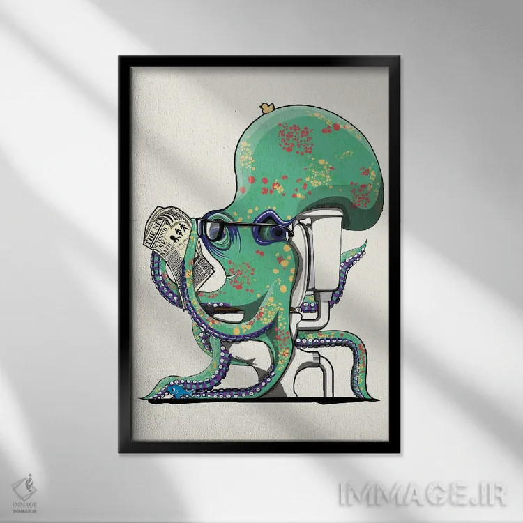 تابلو دکوراتیو اختاپوس روی توالت اثر وایات دیزاین - نمای قابدار مشکی