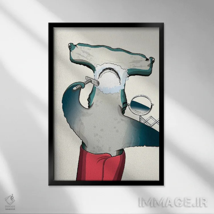 تابلو دکوراتیو کوسه سرچکشی در حال اصلاح اثر وایات دیزاین - نمای قابدار مشکی