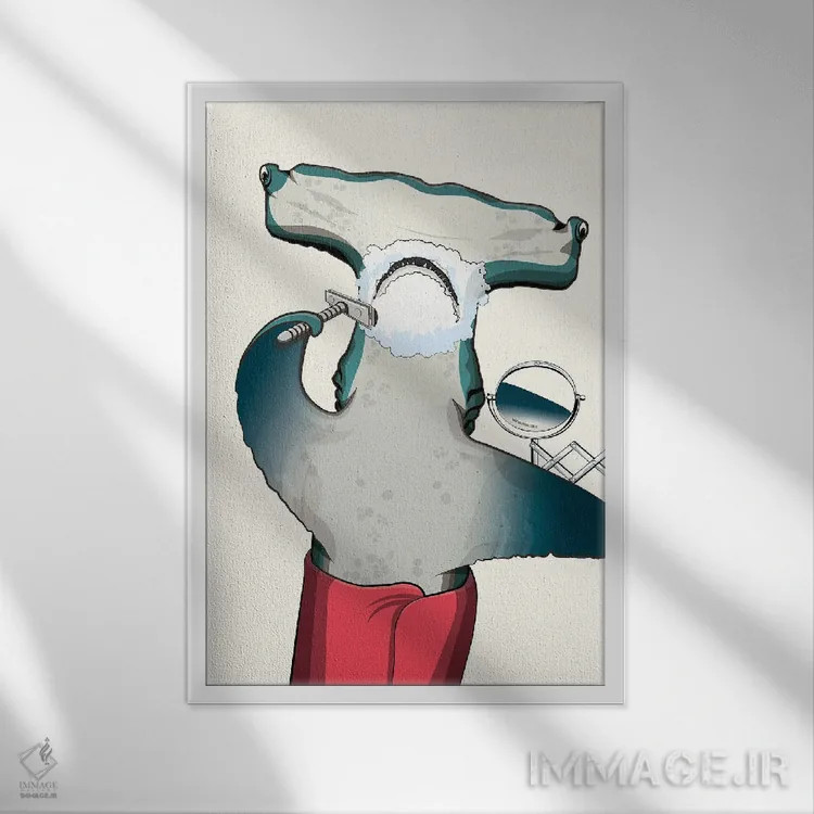 تابلو دکوراتیو کوسه سرچکشی در حال اصلاح اثر وایات دیزاین - نمای قابدار سفید