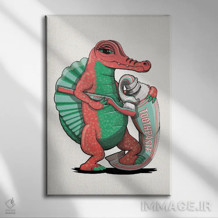 تابلو دکوراتیو Bathroom Humor,دایناسور اسپینوسور در حال مسواک زدن اثر وایات دیزاین - نمای روبهرو روی دیوار