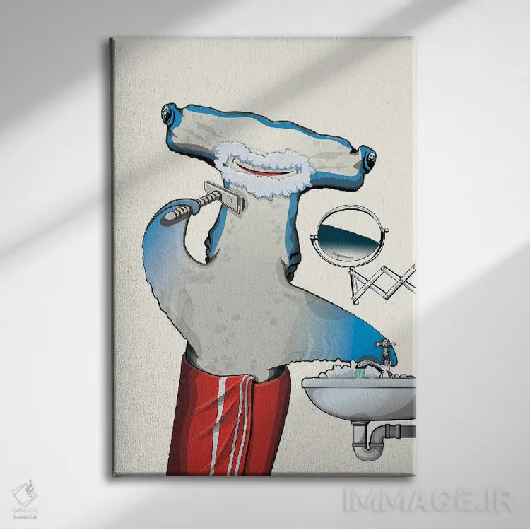 تابلو دکوراتیو کوسه سرچکشی در حال اصلاح اثر وایات دیزاین - نمای روبهرو روی دیوار