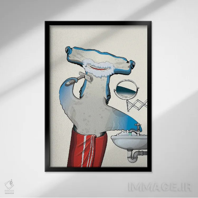 تابلو دکوراتیو کوسه سرچکشی در حال اصلاح اثر وایات دیزاین - نمای قابدار مشکی