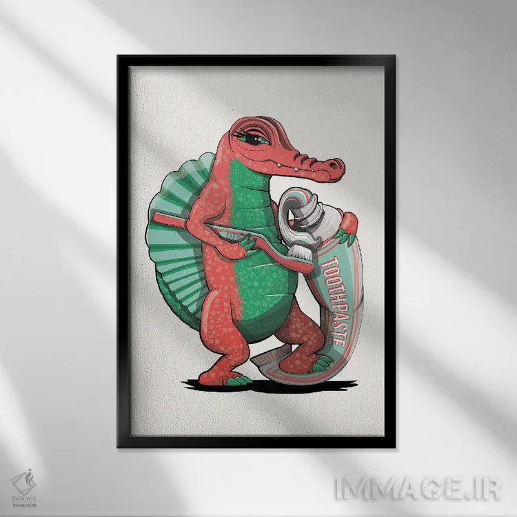 تابلو دکوراتیو Bathroom Humor,دایناسور اسپینوسور در حال مسواک زدن اثر وایات دیزاین - نمای قابدار مشکی