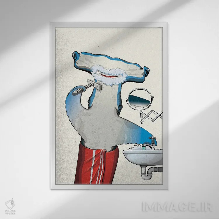 تابلو دکوراتیو کوسه سرچکشی در حال اصلاح اثر وایات دیزاین - نمای قابدار سفید