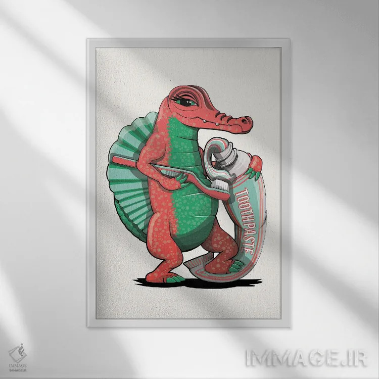 تابلو دکوراتیو Bathroom Humor,دایناسور اسپینوسور در حال مسواک زدن اثر وایات دیزاین - نمای قابدار سفید