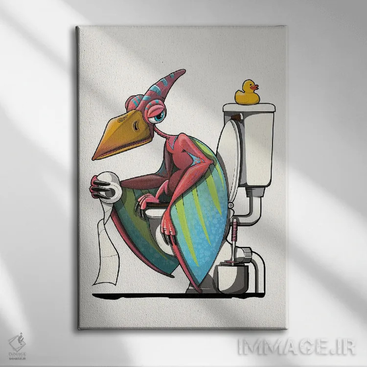 تابلو دکوراتیو Bathroom Humor,دایناسور پتریداکتیل روی توالت اثر وایات دیزاین - نمای روبهرو روی دیوار
