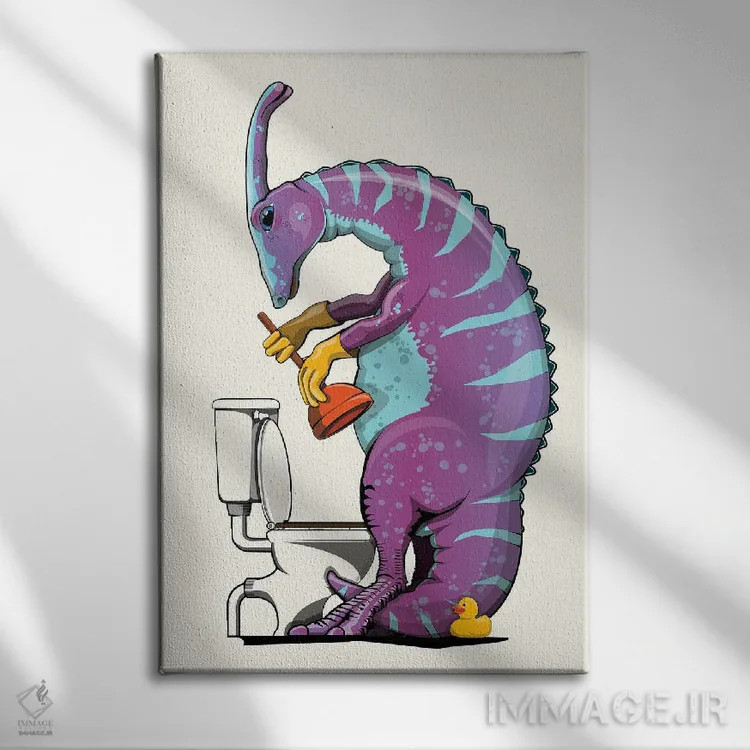 تابلو دکوراتیو Bathroom Humor,دایناسور پاراسورولوفوس باز کردن توالت اثر وایات دیزاین - نمای روبهرو روی دیوار