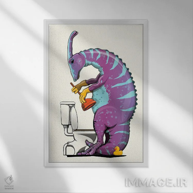 تابلو دکوراتیو Bathroom Humor,دایناسور پاراسورولوفوس باز کردن توالت اثر وایات دیزاین - نمای قابدار سفید