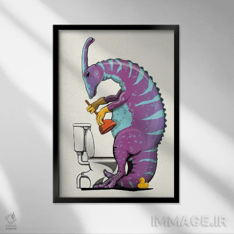 تابلو دکوراتیو Bathroom Humor,دایناسور پاراسورولوفوس باز کردن توالت اثر وایات دیزاین - نمای قابدار مشکی