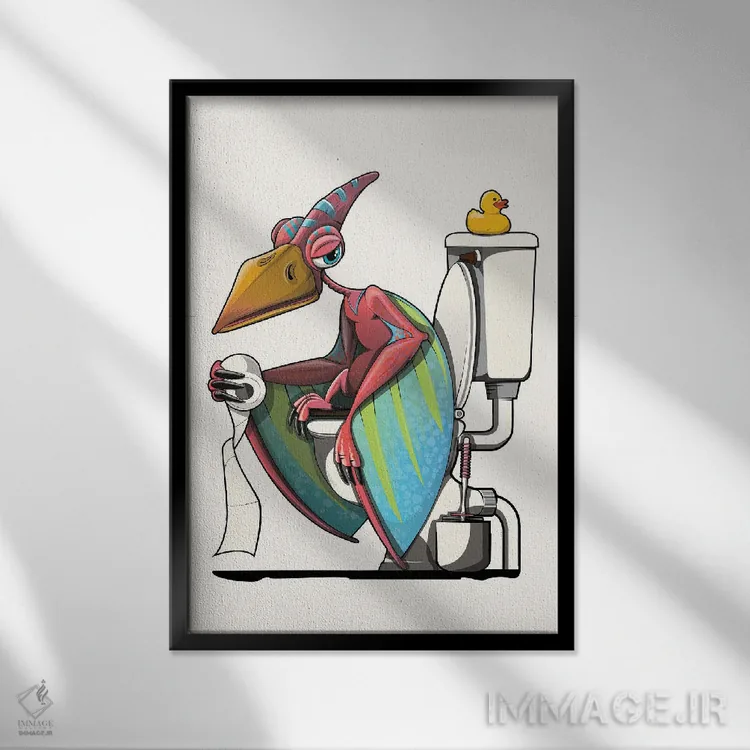 تابلو دکوراتیو Bathroom Humor,دایناسور پتریداکتیل روی توالت اثر وایات دیزاین - نمای قابدار مشکی