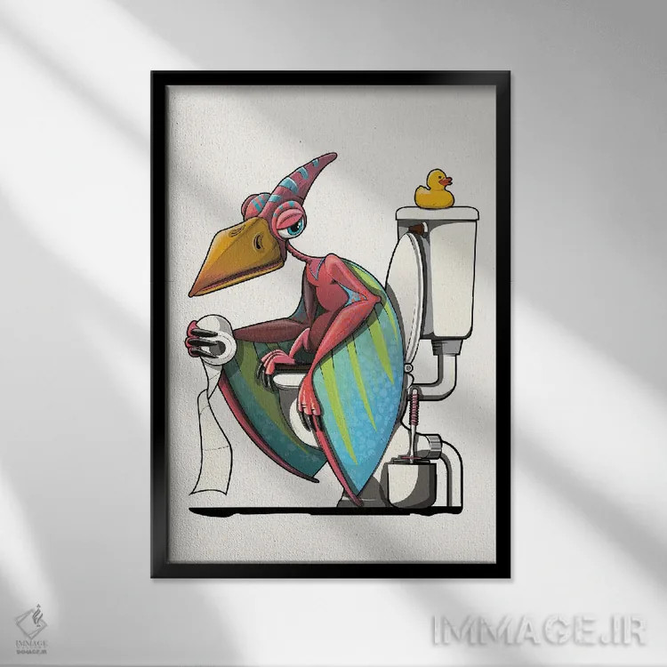 تابلو دکوراتیو Bathroom Humor,دایناسور پتریداکتیل روی توالت اثر وایات دیزاین - نمای قابدار مشکی
