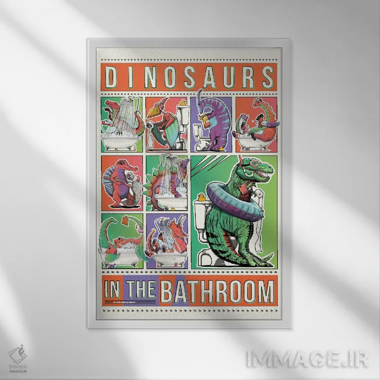 تابلو دکوراتیو Toilet Humor,دایناسورها در حمام اثر وایات دیزاین - نمای قابدار سفید