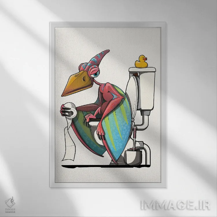 تابلو دکوراتیو Bathroom Humor,دایناسور پتریداکتیل روی توالت اثر وایات دیزاین - نمای قابدار سفید