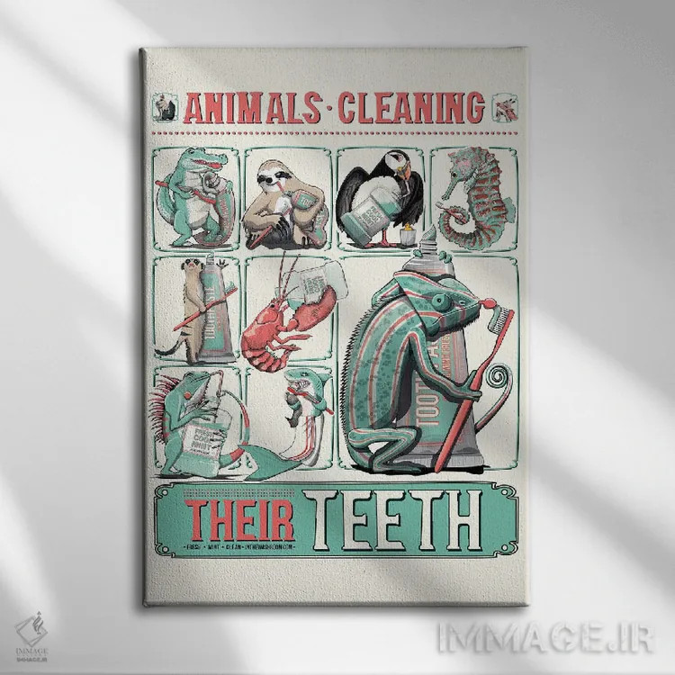 تابلو دکوراتیو Bathroom Poster,پوستر حمام حیوانات در حال مسواک زدن اثر وایات دیزاین - نمای روبهرو روی دیوار