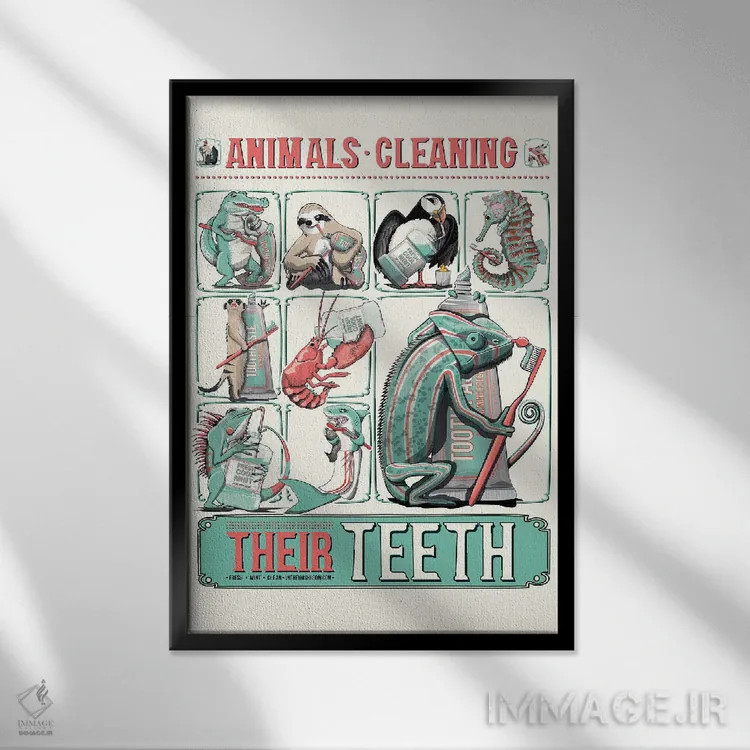 تابلو دکوراتیو Bathroom Poster,پوستر حمام حیوانات در حال مسواک زدن اثر وایات دیزاین - نمای قابدار مشکی
