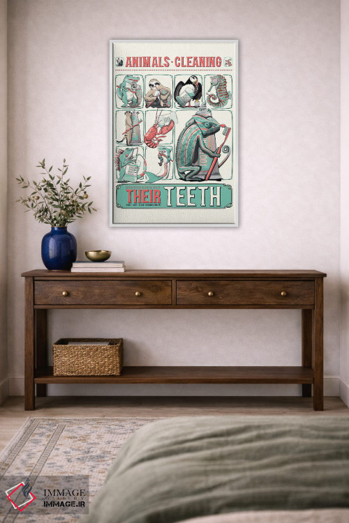 تابلو دکوراتیو Bathroom Poster,پوستر حمام حیوانات در حال مسواک زدن اثر وایات دیزاین - D2W