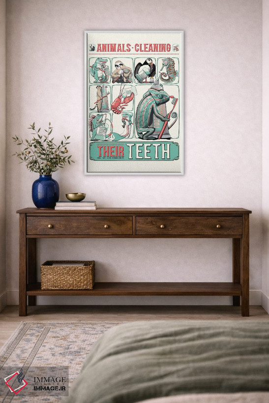 تابلو دکوراتیو Bathroom Poster,پوستر حمام حیوانات در حال مسواک زدن اثر وایات دیزاین - D2W