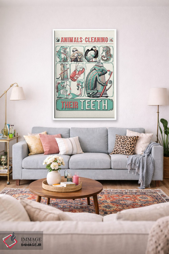 تابلو دکوراتیو Bathroom Poster,پوستر حمام حیوانات در حال مسواک زدن اثر وایات دیزاین - D1W