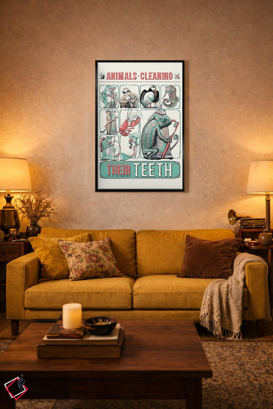 تابلو دکوراتیو Bathroom Poster,پوستر حمام حیوانات در حال مسواک زدن اثر وایات دیزاین - D3B