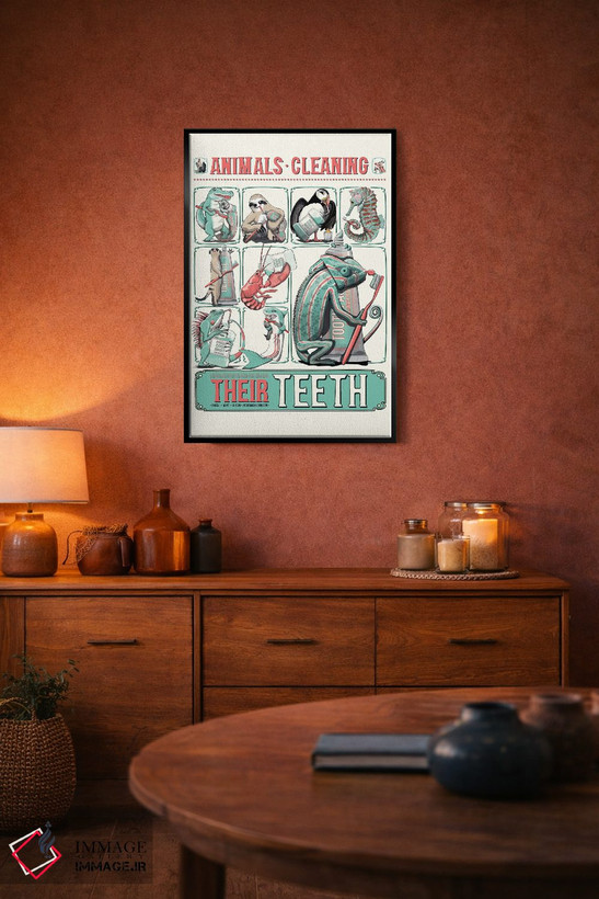 تابلو دکوراتیو Bathroom Poster,پوستر حمام حیوانات در حال مسواک زدن اثر وایات دیزاین - D5B