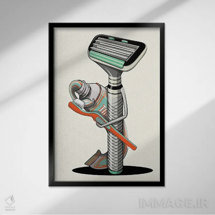 تابلو دکوراتیو تیغ اصلاح در حال مسواک زدن اثر وایات دیزاین - نمای قابدار مشکی