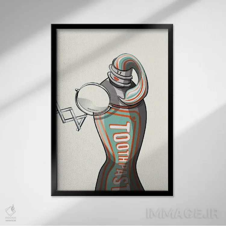 تابلو دکوراتیو خمیردندان در حال نگاه کردن به آینه اثر وایات دیزاین - نمای قابدار مشکی