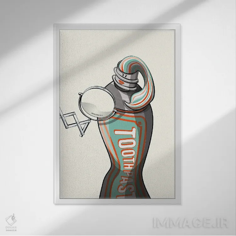 تابلو دکوراتیو خمیردندان در حال نگاه کردن به آینه اثر وایات دیزاین - نمای قابدار سفید