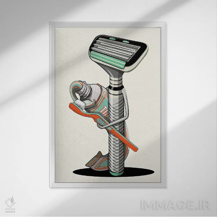 تابلو دکوراتیو تیغ اصلاح در حال مسواک زدن اثر وایات دیزاین - نمای قابدار سفید