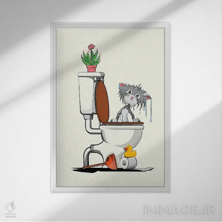 تابلو دکوراتیو گربه ای که در توالت افتاده است اثر وایات دیزاین - نمای قابدار سفید