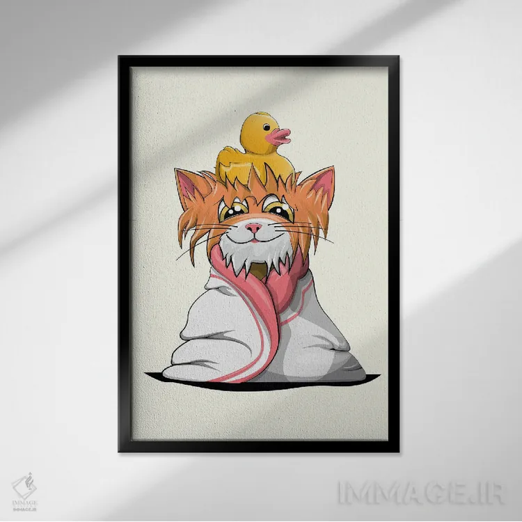 تابلو دکوراتیو بچه گربه در حوله اثر وایات دیزاین - نمای قابدار مشکی