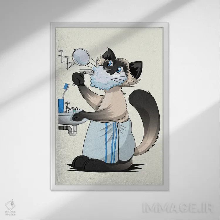 تابلو دکوراتیو گربه در حال اصلاح در سرویس بهداشتی اثر وایات دیزاین - نمای قابدار سفید