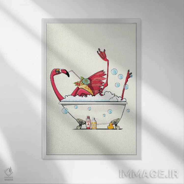تابلو دکوراتیو Having A Drink,فلامینگو در حمام در حال نوشیدن اثر وایات دیزاین - نمای قابدار سفید