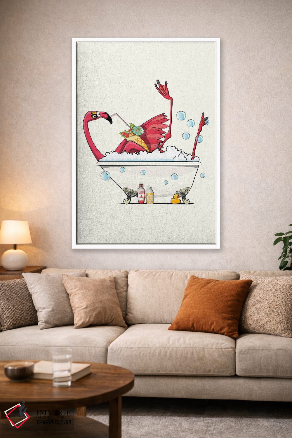 تابلو دکوراتیو Having A Drink,فلامینگو در حمام در حال نوشیدن اثر وایات دیزاین - D1W