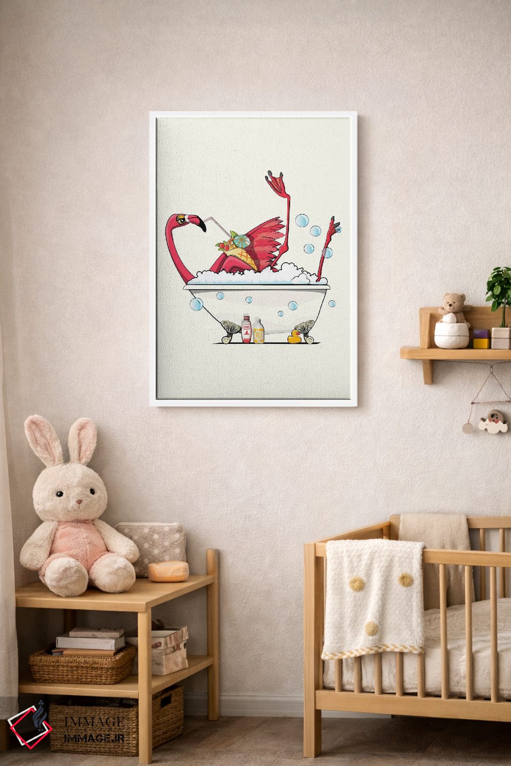 تابلو دکوراتیو Having A Drink,فلامینگو در حمام در حال نوشیدن اثر وایات دیزاین - D3W