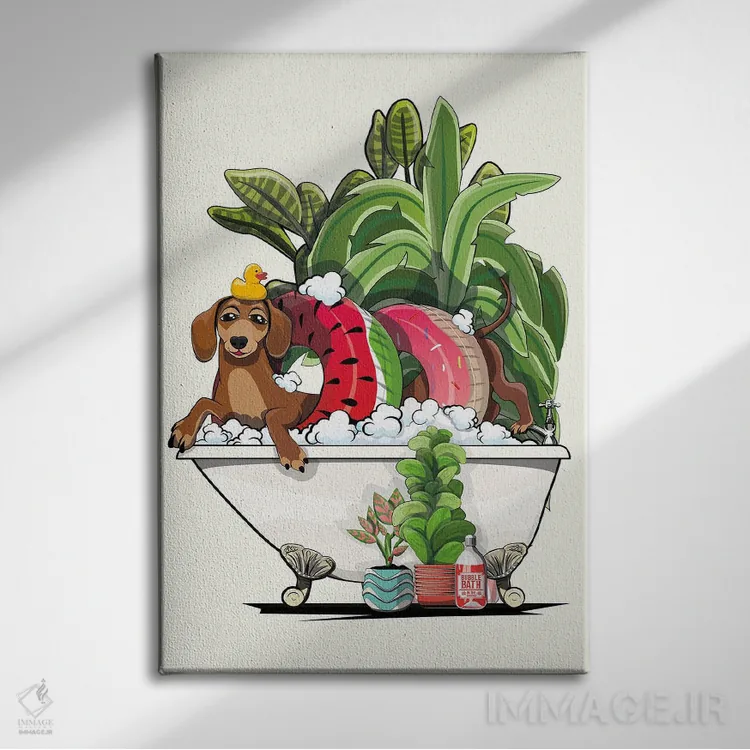 تابلو دکوراتیو Dachshund In The Bathtub,سگ سوسیسی در وان اثر وایات دیزاین - نمای روبهرو روی دیوار