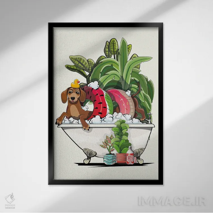 تابلو دکوراتیو Dachshund In The Bathtub,سگ سوسیسی در وان اثر وایات دیزاین - نمای قابدار مشکی