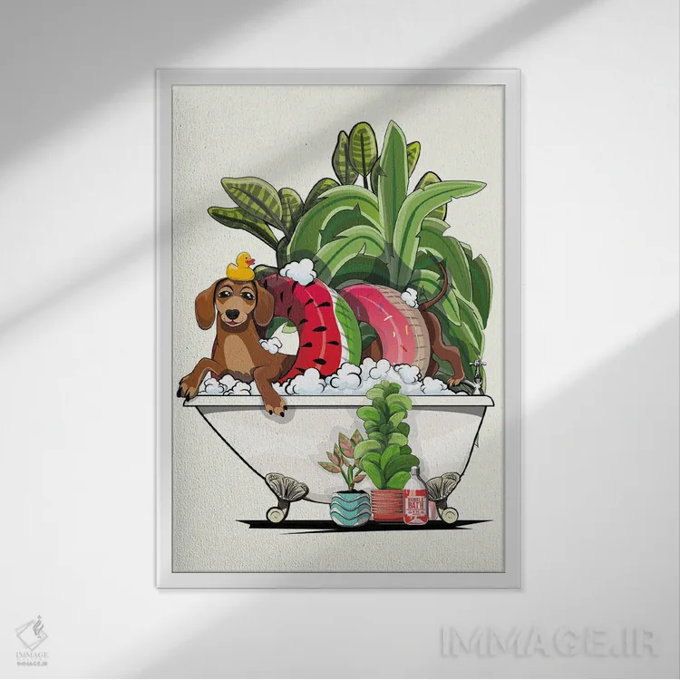 تابلو دکوراتیو Dachshund In The Bathtub,سگ سوسیسی در وان اثر وایات دیزاین - نمای قابدار سفید