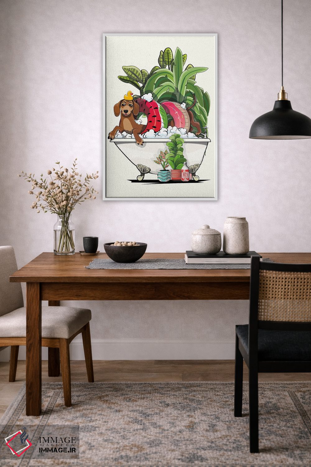 تابلو دکوراتیو Dachshund In The Bathtub,سگ سوسیسی در وان اثر وایات دیزاین - D3W