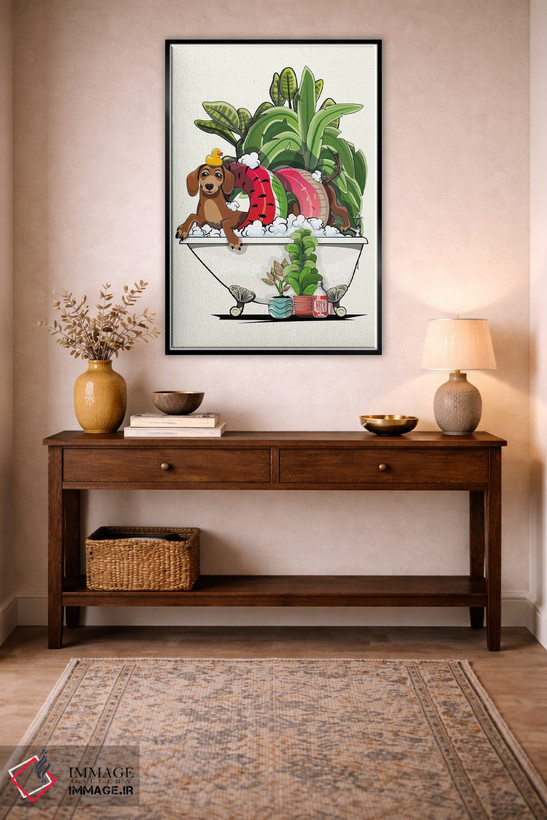 تابلو دکوراتیو Dachshund In The Bathtub,سگ سوسیسی در وان اثر وایات دیزاین - D5B