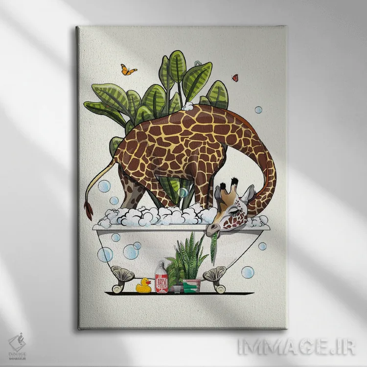 تابلو دکوراتیو Eating Plant,زرافه در حمام، در حال خوردن گیاه اثر وایات دیزاین - نمای روبهرو روی دیوار