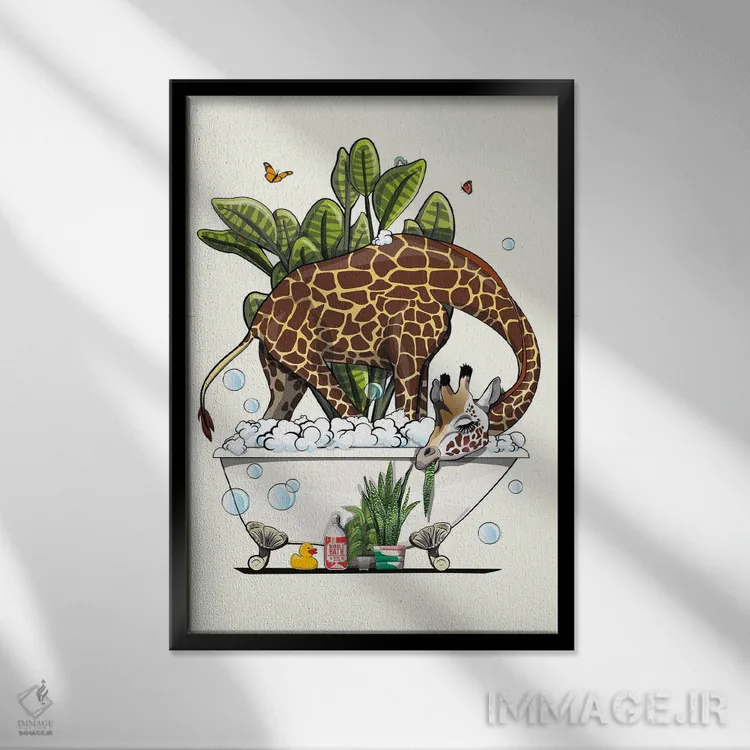 تابلو دکوراتیو Eating Plant,زرافه در حمام، در حال خوردن گیاه اثر وایات دیزاین - نمای قابدار مشکی