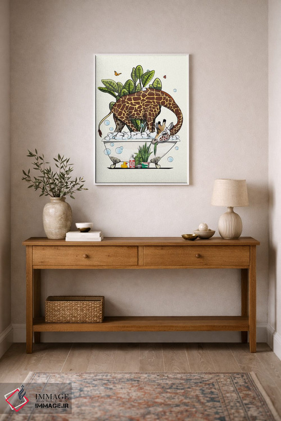 تابلو دکوراتیو Eating Plant,زرافه در حمام، در حال خوردن گیاه اثر وایات دیزاین - D1W