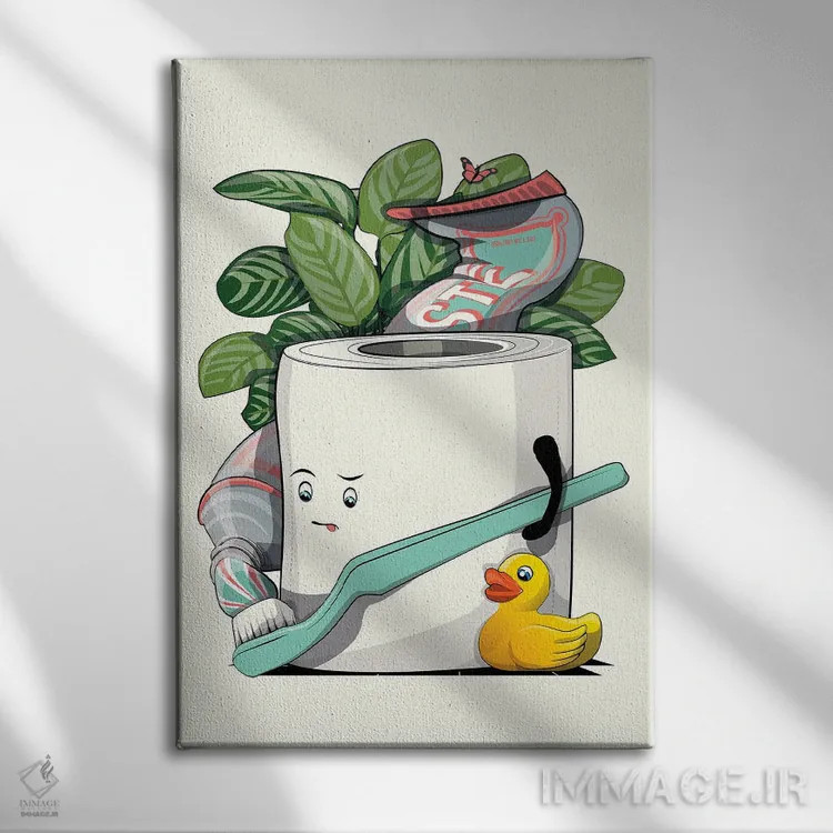 تابلو دکوراتیو رول دستمال توالت در حال مسواک زدن اثر وایات دیزاین - نمای روبهرو روی دیوار