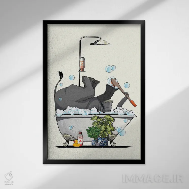 تابلو دکوراتیو Washing Feet,فیل در وان حمام، در حال شستن پاها اثر وایات دیزاین - نمای قابدار مشکی